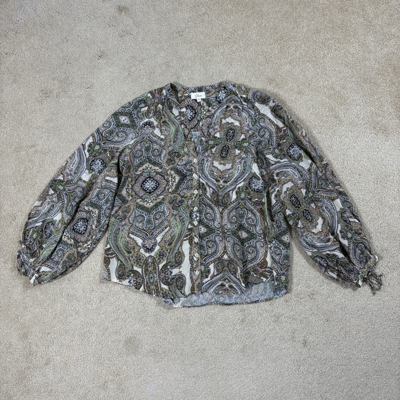 Elan Tops - Elan M Blouse Peasant Brown Yellow Tan Paisley Tie Neck Long Sleeve Boho Artsy